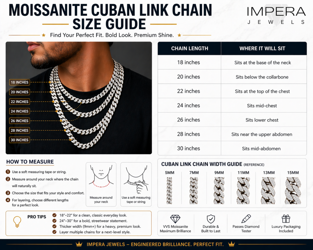 Moissanite Cuban link chain size guide showing different chain widths