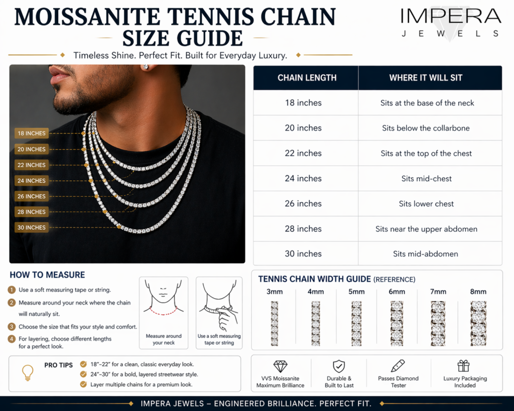 Moissanite tennis chain size guide showing different chain widths