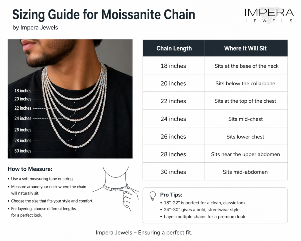 Moissanite chain size guide showing different chain widths