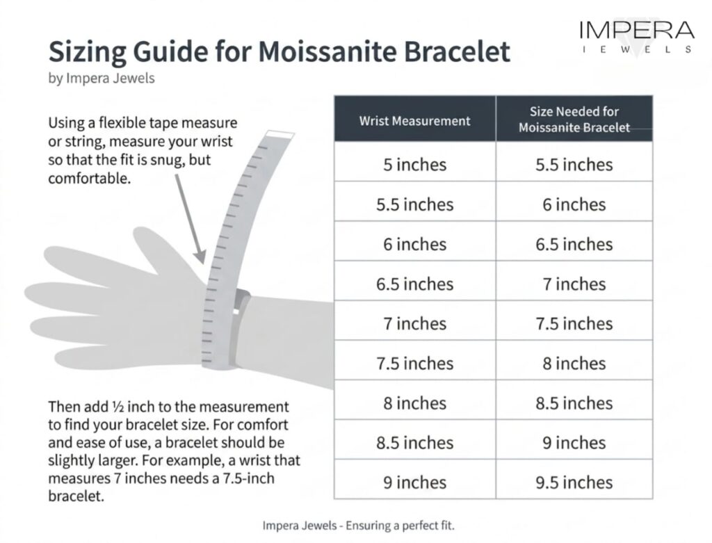 Moissanite Cuban bracelet size guide showing bracelet width and wrist fit