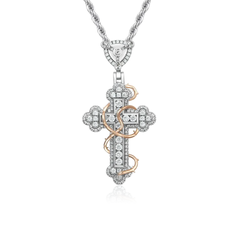 P23036CZK00-1 (1) Iced Thorned Blossom Cross Moissanite Pendant – Small