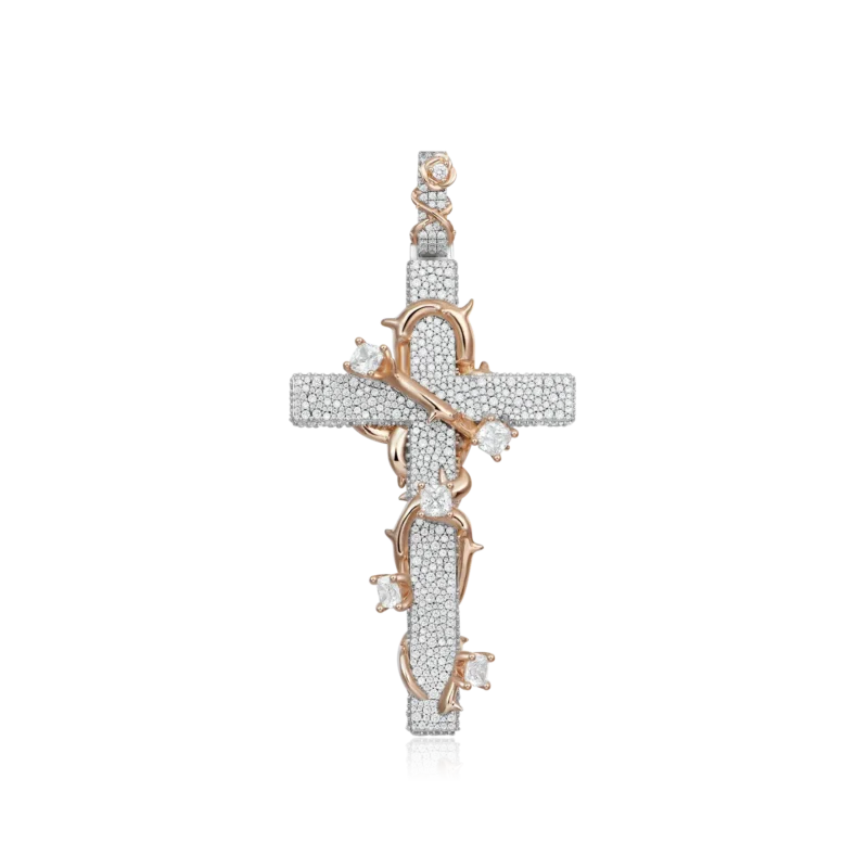 Pavé Set Thorned Rose Cross Moissanite Pendant