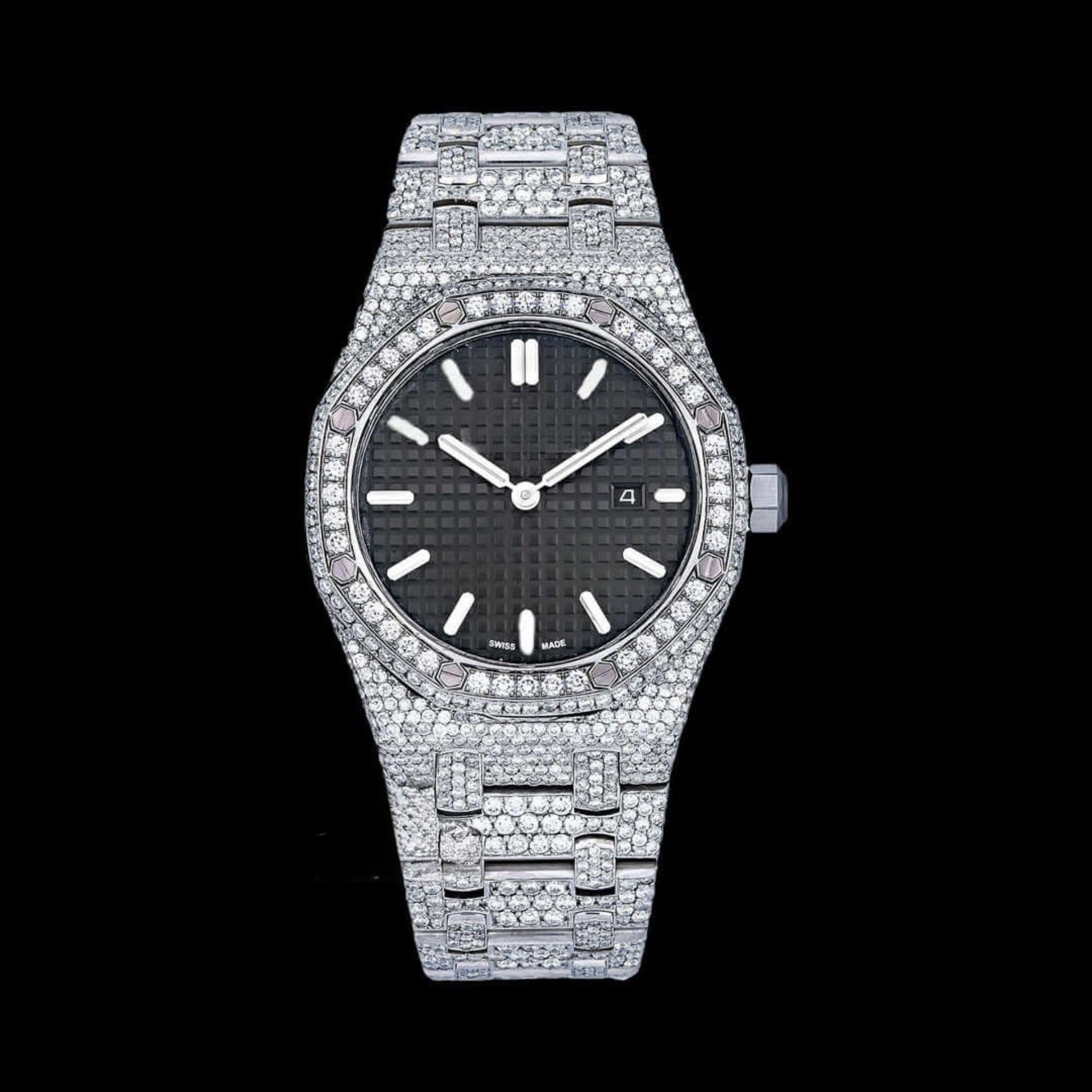 AP Black Dial Stick Markers Full Iced Out Moissanite Watch