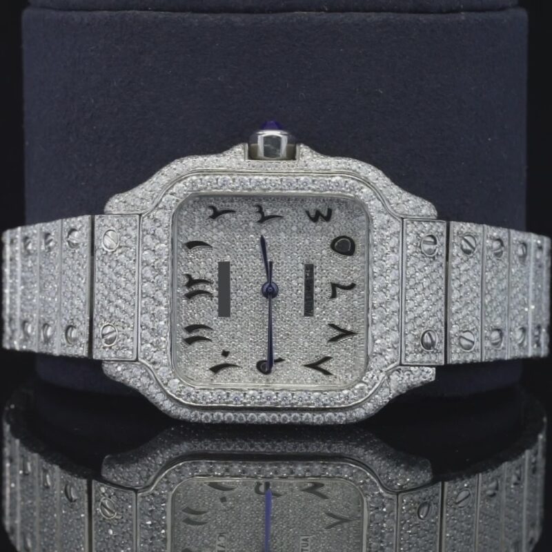 Moissanite Diamond Black Arabic Numerals Bust Down White Dial Watch